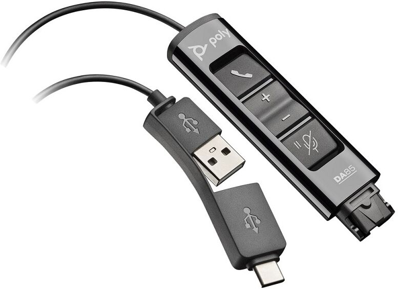 Plantronics Cordon Poly DA85   Accessoires Un adaptateur audio QD - USB pour PC avec boîtier de commandes intégré.