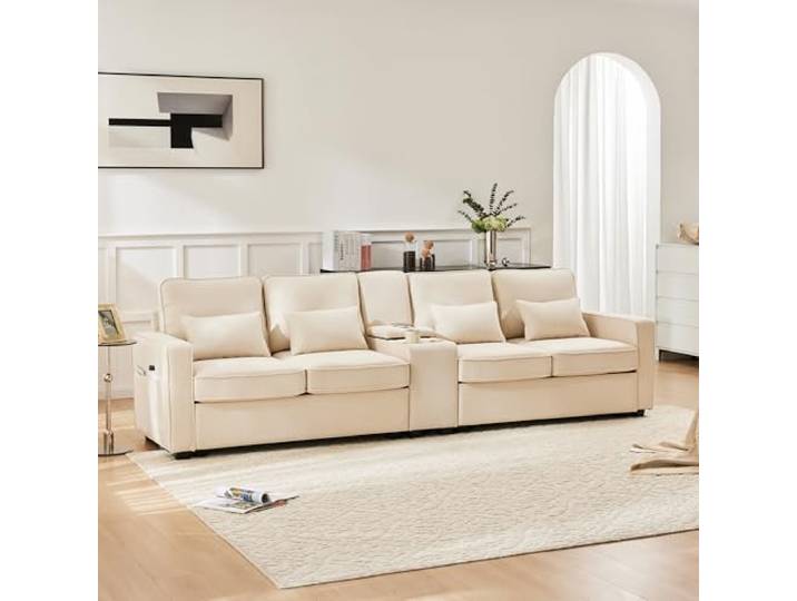 Merax Sofa 4 Sitzer Modern Couch mit Konsole, 2 Getränkehaltern und 2 USB-Ladeanschlüsse Polstersofa mit Armlehnen-Taschen und 4 Kissen, für Wohnzimmer/Schlafzimmer/Gästezimmer, Beige