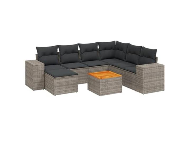 PUGYNBK 8er Set Gartensuppen aus synthetischem Rattan grau Couchtisch aus Holz Akazie, Aufbewahrung mit wasserdichter Tasche, Dicke Gepolsterte Kissen, Modulares Design