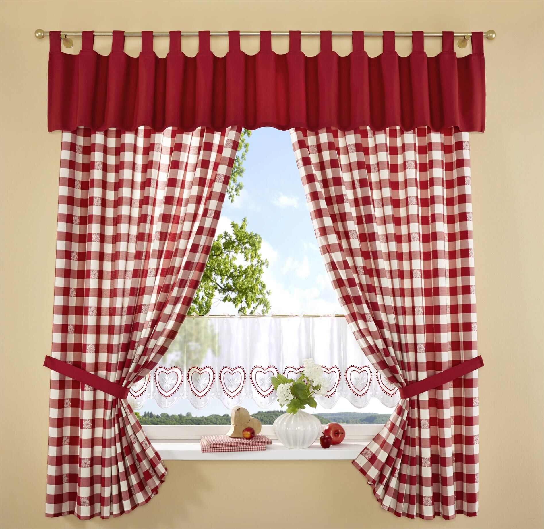 Vorhang STICKEREIEN PLAUEN "Durach" Gr. 1, rot, B:60cm H:125cm, Polyester, Gardinen