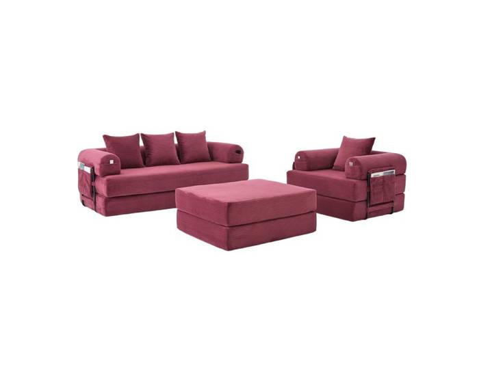 WOVREO Canape modulable 4 places compresse avec pouf et fauteuil velours cotele rouge bordeaux poche laterale