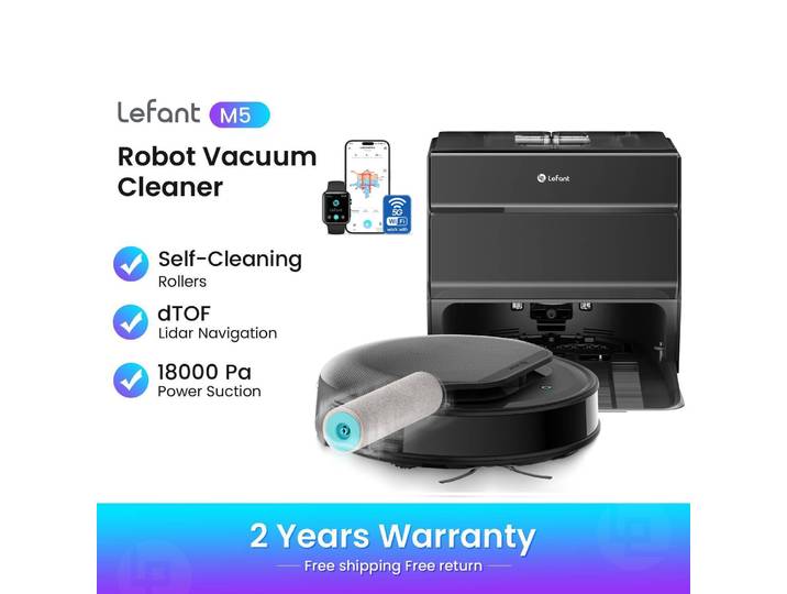 Aspirateur robot complet Lefant M5 Roller avec fonction de nettoyage, 18 000 Pa, rouleaux autonettoyants, vidage automatique, navigation lidar dTOF