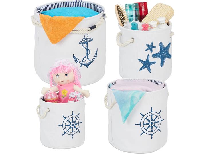 Lot de 4 paniers de rangement Relaxdays\, paniers en tissu sur le thème marin avec poignées\, rangement pour la salle de bain\, jouets\, 4 tailles\, blanc/bleu