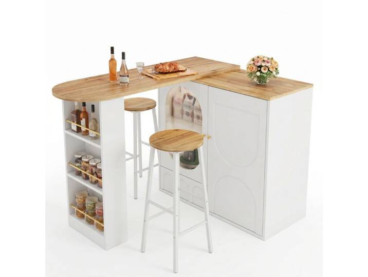 Ensemble bar cuisine îlot blanc avec rangement et 2 tabourets