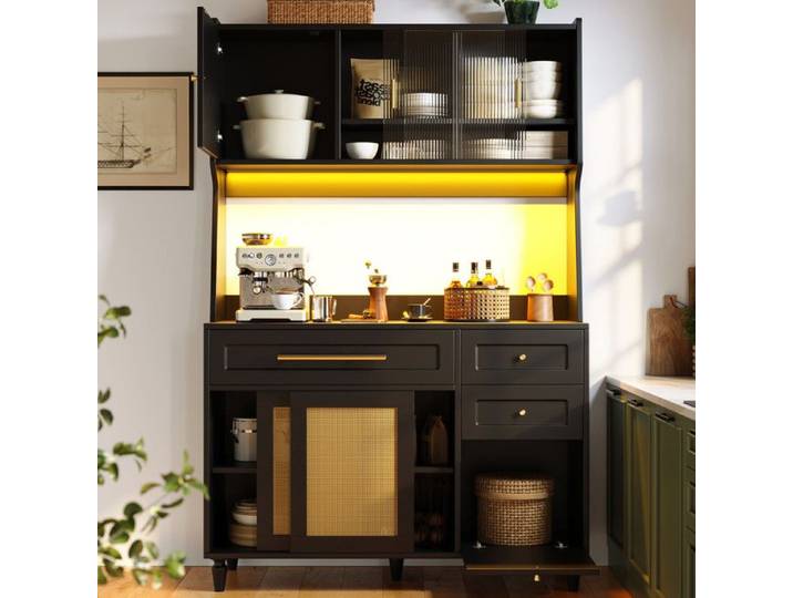Armoire de cuisine 120x45x195 5 cm avec étagères réglables vitrine de salle à manger avec 3 tiroirs armoire à vaisselle LED noir