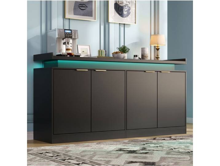 Buffet de cuisine LED 4 portes SENVIRO 160 x 39 x 83 cm noir MDF