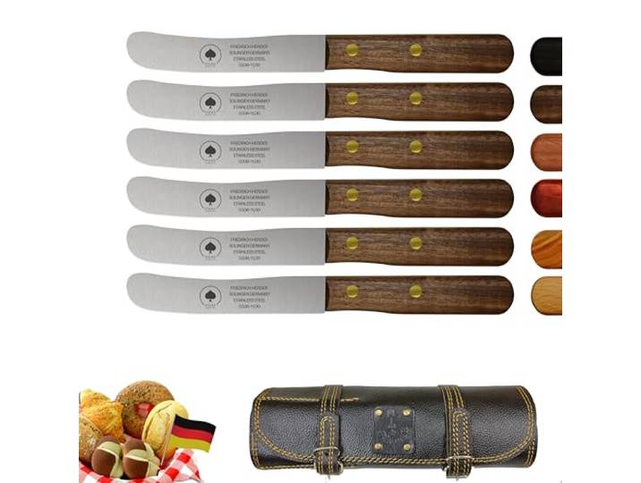 Solingen Messer 6er Set ohne Wellenschliff inkl. hochwertiger Ledertasche, edler Holzgriff, Premium Buckelmesser, Frühstücksmesser, Brötchenmesser, rostfreie Klinge, extra scharfes Küchenmesser