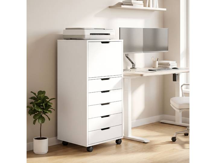 HOMCOM Caisson Bureau 5 Tiroirs Armoire Roulettes Blanc