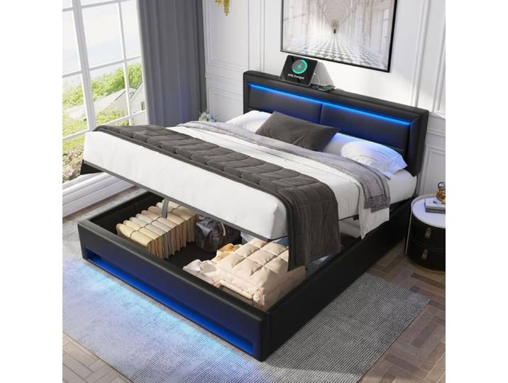 lit rembourré 140 x 190 SENVIRO centimètres avec rangement LED et recharge USB sans fil noir