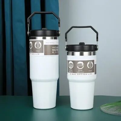 Multicon Wholesale Hub Stainless Steel Thermal Water Bottle, Coffee Mug With Straw, Keeps Cold & Heat, Vacuum Flask Tumbler For Car white