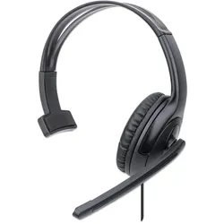 Manhattan Mono USB-Headset, Ohrumschließendes Design (Over-Ear), Ohrmuschel einseitig, kabelgebunden, USB-A-Stecker, integrierte Lautstärkeregelung, verstellbares Mikrofon, schwarz