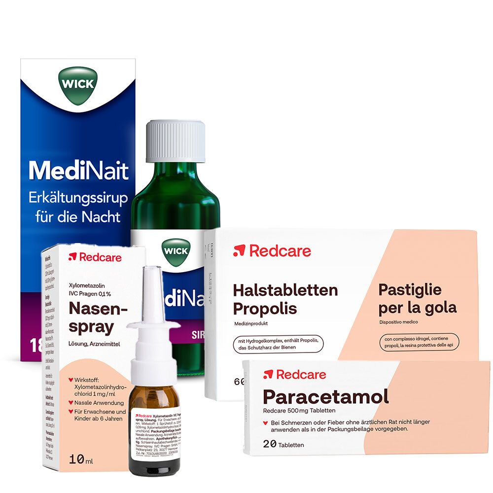 Wick MediNait Erkältungssirup für die Nacht + Redcare Xylo 0,1% Nasenspray Parac 1 St Set