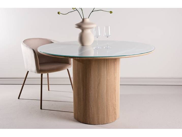 Esstisch Orlén – Runder Design-Esstisch Ø120 cm mit Glasplatte und geriffeltem Fuß - Weiß - Glas - Luxusbetten24
