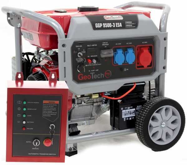GeoTech Pro GGP 9500-3 ESA - Benzin-Stromerzeuger mit Rädern und AVR-Regelung und Elektrostarter 7.8 kW - Dauerleistung 7.5 kW Full-Power + ATS