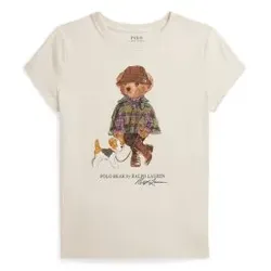Polo Ralph Lauren für Mädchen. 313B26296001 Baumwoll-T-Shirt mit beigem Polo Bear ((S) 7años= 130/134cm), Lässig, Baumwolle, Kurzarm, Kinder