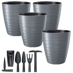 Prosperplast - Set aus 4 Blumentöpfen mit 16 L Wasserreservoir aus Kunststoff in Stein-Grau, 29,6x29,6x32,9 cm mit 6-teiligem Gartengeräte-Set Maze