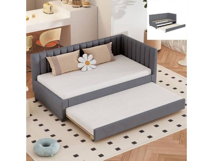 Lit gigogne avec sommier à lattes Lit enfant tissu velours gris