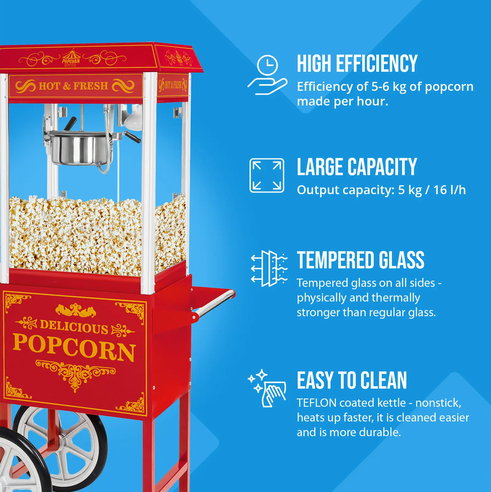 Royal Catering Stroj na popcorn s vozíkem - retro design - červený RCPW-16.3