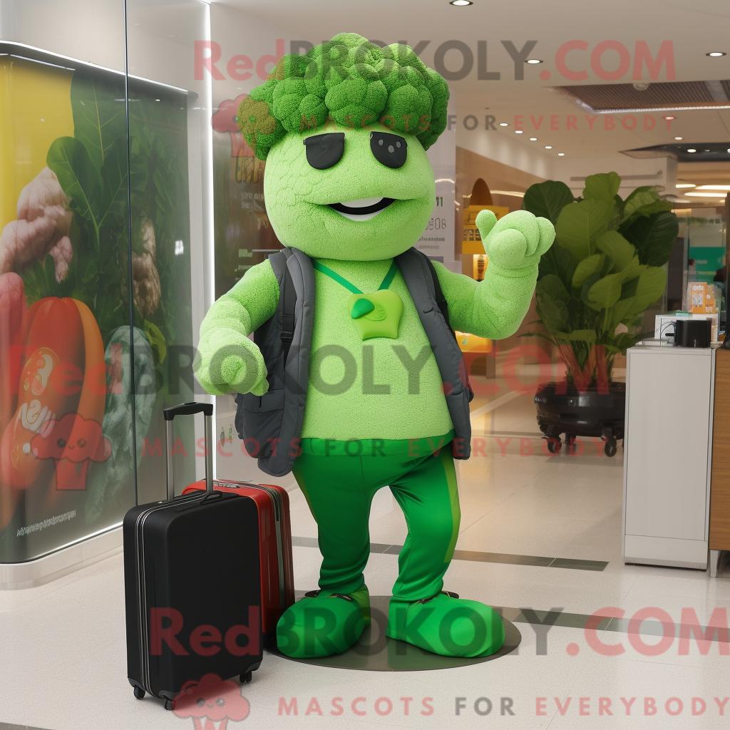 Maskottchenfigur REDBROKOLY eines grünen Brokkoli bekleidet mit Jeggings und Aktentasche