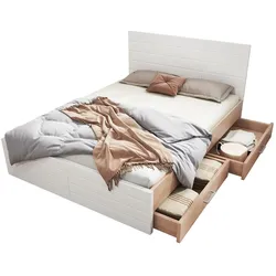 Doppelbett 140x200 aus Massivholz mit Stauraum und 2 Schubladen – Modernes Design in Weiß und Eiche, Stabile Matratze mit 620 Federn