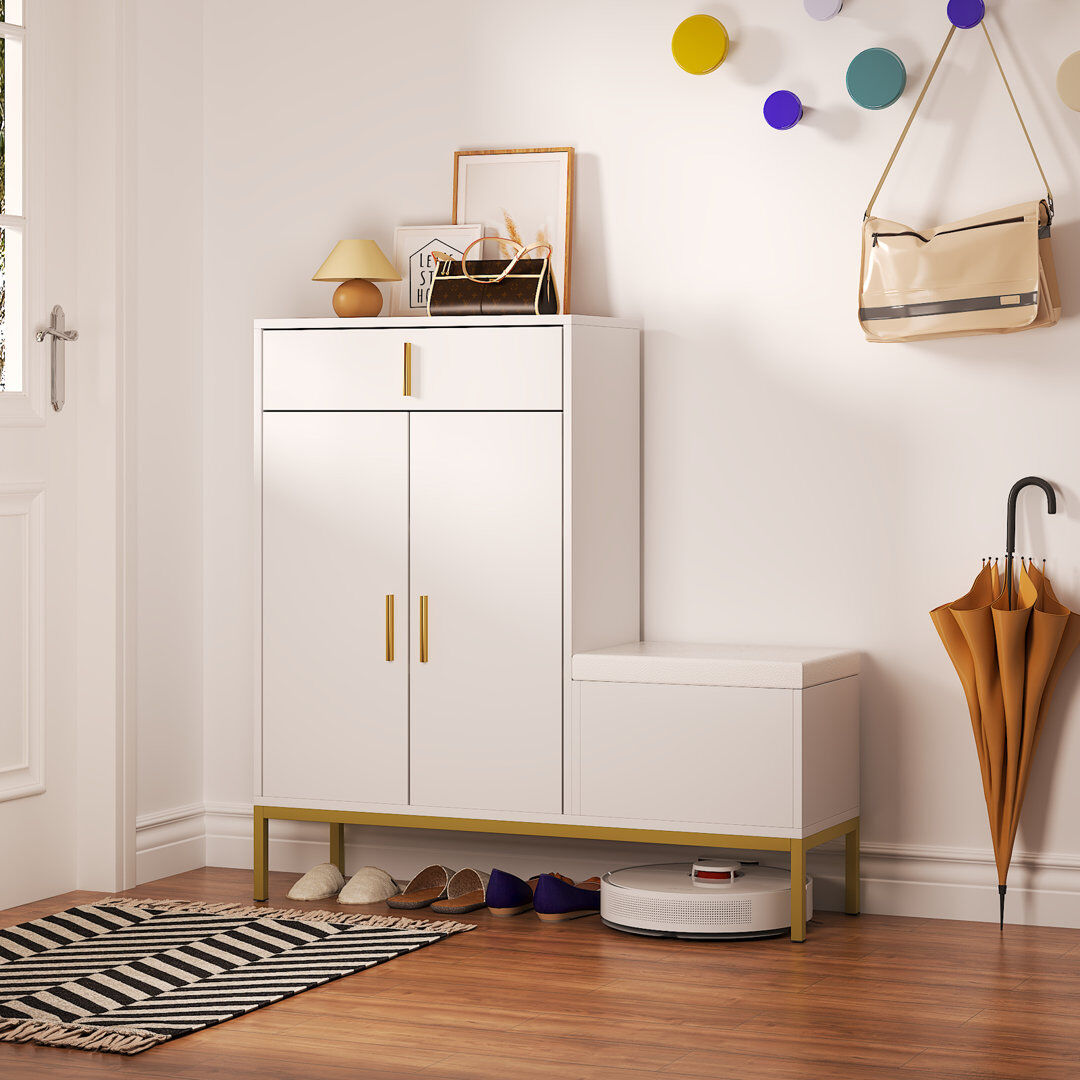 17 Stories Bonamy Hallway Shoe Storage Bench with Seat and Drawer, Modern Shoe Cabinet White 9