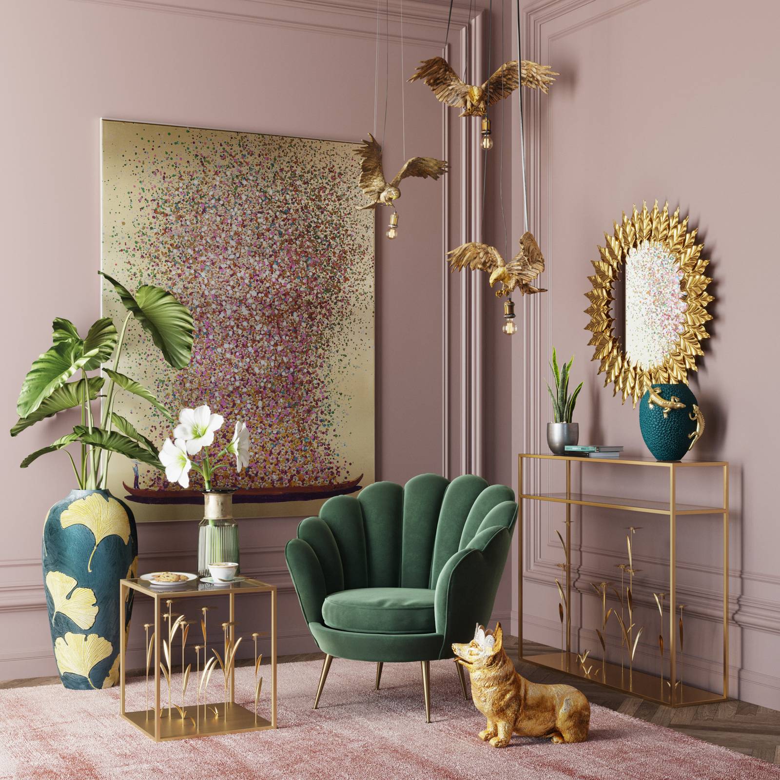 KARE Designer Pendant Light Animal Owl, dimmable, Brass / gold, Living / Dining Room, Plastic, Design, Ceiling Light