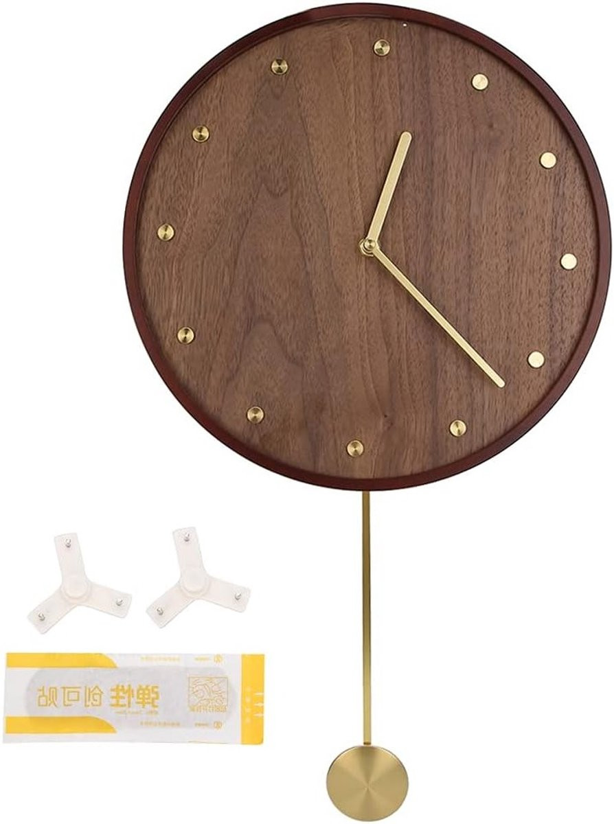 Moderne minimalistische houten wandklok met pendule en stille analoge beweging