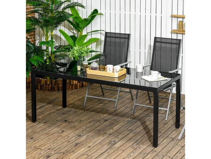 Table jardin Rectangulaire 8 personnes plateau verre cadre aluminium Noir