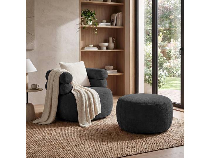 Drehsessel-Set NANO Schwarz – Drehsessel 360° mit runder Form mit Hocker, Relaxsessel, Lesesessel, Sitzhocker, Fußhocker und Zierkissen
