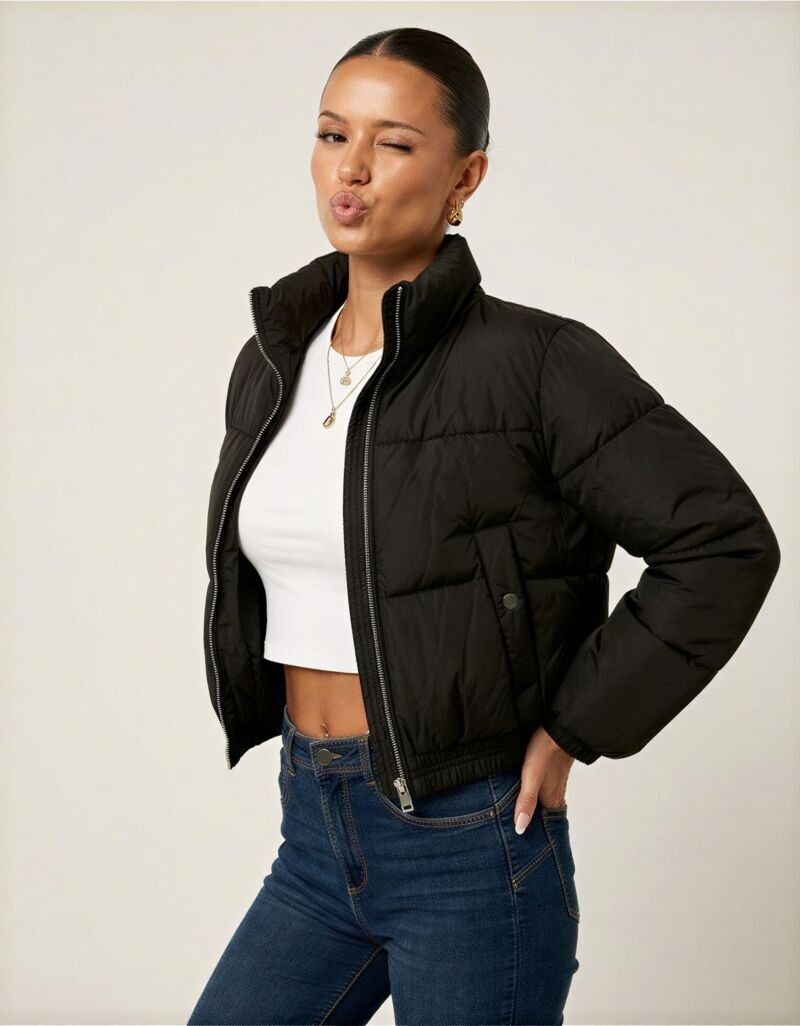 Steppjacke TALLY WEIJL "SJAPESEILA", Damen, Gr. M, schwarz, Steppware, Obermaterial: 100% Polyester, unifarben, figurbetont normal, ohne Ausschnitt, Jacken Steppjacke, wattiert, verkürzt, mit Stehkragen und seitlichen Eingrifftaschen