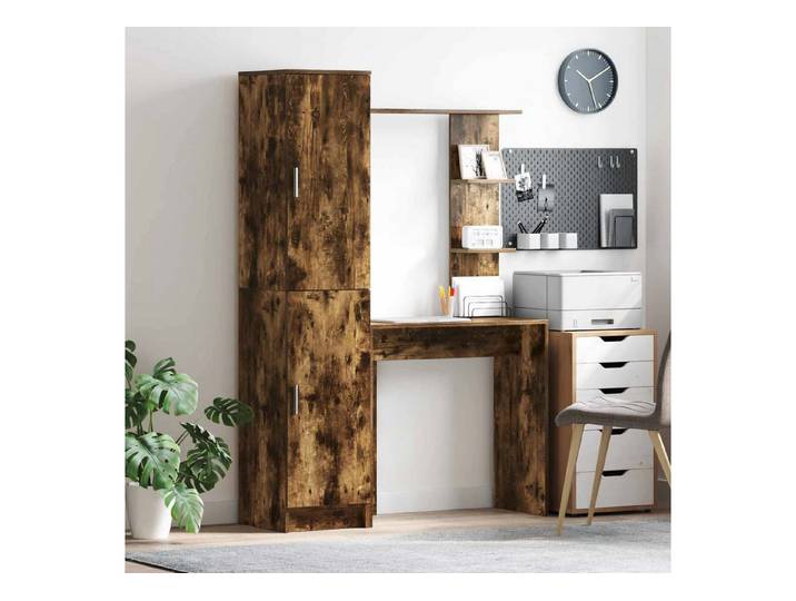 furnicato Schreibtisch mit Hochboard 113,5 x 39 x 168 cm Räuchereiche (1-St), Arbeitsplatz mit Regalbrettern und Schrank für dein Home-Office