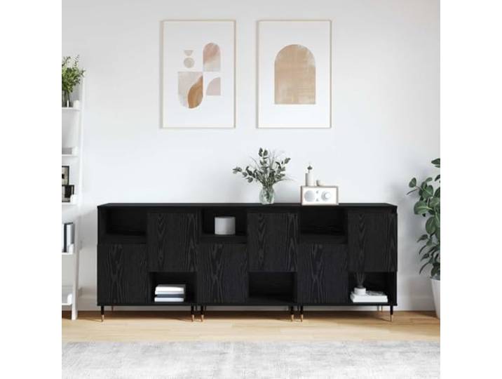 RJPLMFV Anrichte mit 3 Türen, Eiche, Schwarz Holzwerkstoff, Eisenbeine, freistehende Regale, für Wohnzimmer und Esszimmer