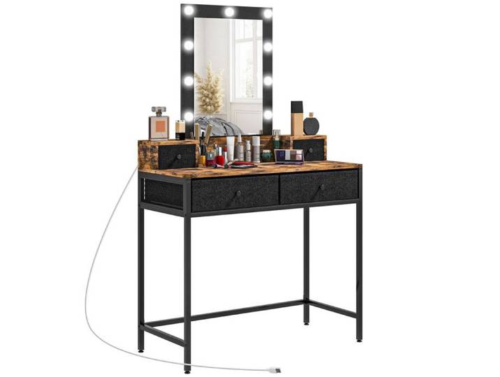 Coiffeuse miroir Led LIZA bois vieilli et noir