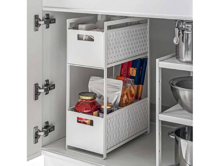 Yamazaki Küchenregal Tower Schrankregal Regal Küche Badezimmer schmal 2 Ebenen, Regal, Stauraum in Küche oder Bad, 2 Körbe, ausziehbar, Metall