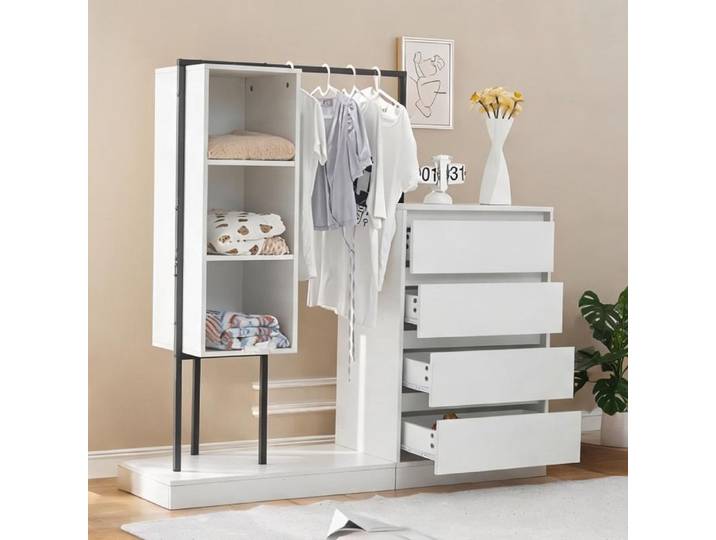 Ensemble armoire et commode 140x40x135 cm panneaux de particules finition blanc 4 tiroirs et tringle