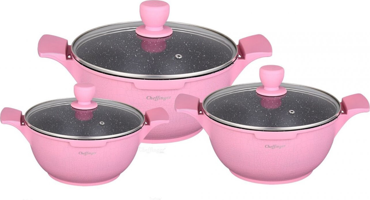 Cheffinger 6-delige kookset met pannen voor inductie, aluminium en gietijzer, roze, 20-24-28 cm