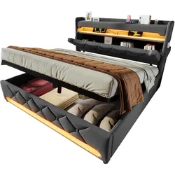 Polsterbett 160x200 cm mit Stauraum, USB und Type C-Anschluss – stilvolles Design und innovative LED-Beleuchtung Grau