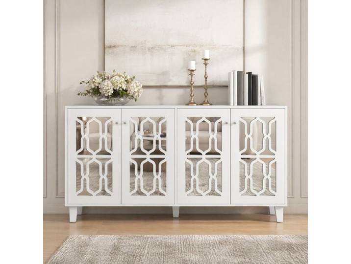 Buffet blanc à 4 portes effet miroir – poignées cristal – MDF – 160 x 40 x 84 cm