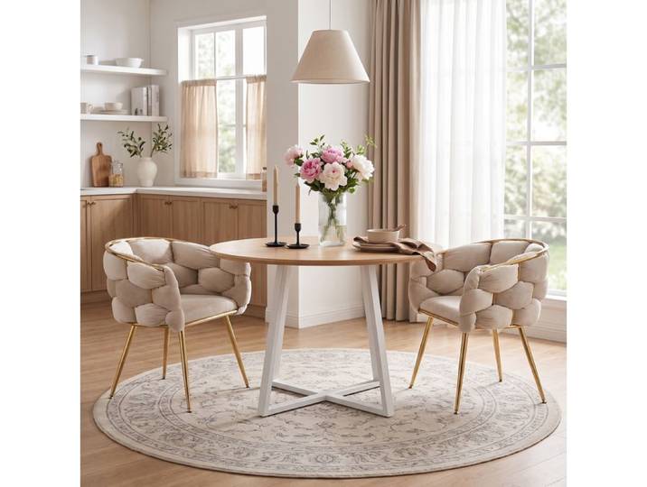 COVREO Lot de 2 fauteuils modernes en velours beige avec accoudoirs et structure en métal doré