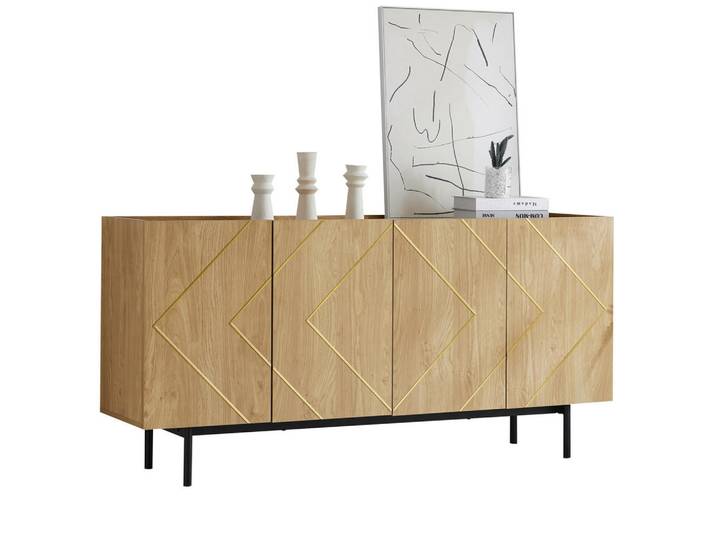 Stilvora Sideboard in Naturfarben Kommode mit 4 Türen Metall Inlay Kommode Anrichte für Wohnzimmer Flur ,B160/T40/H78cm, 3 Fächer, Rechteckig, rund, 160x78x40 cm, Kleinmöbel, Kommoden, Sideboards