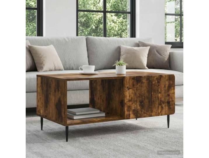 TEKGHUT Couchtisch Holzwerkstoff 90 x 50 x 40 cm mit Schwarzen Metallbeinen Rechteckige Form, elegantes Finish, vielseitig nutzbar, offene Ablage, pflegeleichte Oberfläche, moderne