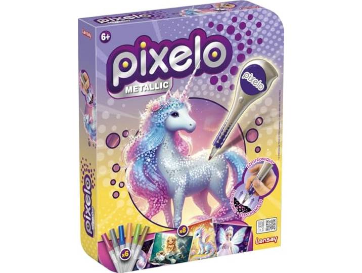 Lansay - Pixelo Metallic Creations - Kit Dessin Métallisé - Dès 6 Ans Coloriage en Pointillés - 8 Illustrations\, 6 Feutres et Pointeur Électronique - Utilisable en Mode Classique - Effet Brillant