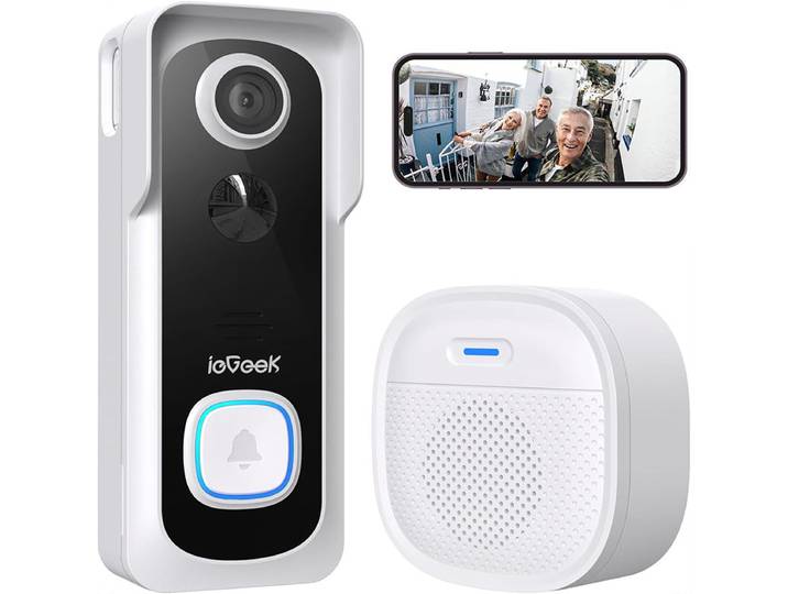 ieGeek sonnette vidéo sans fil avec carillon 2K HD sonnette caméra, sonnette de porte de sécurité pour maison intelligente Message vocal et changeur