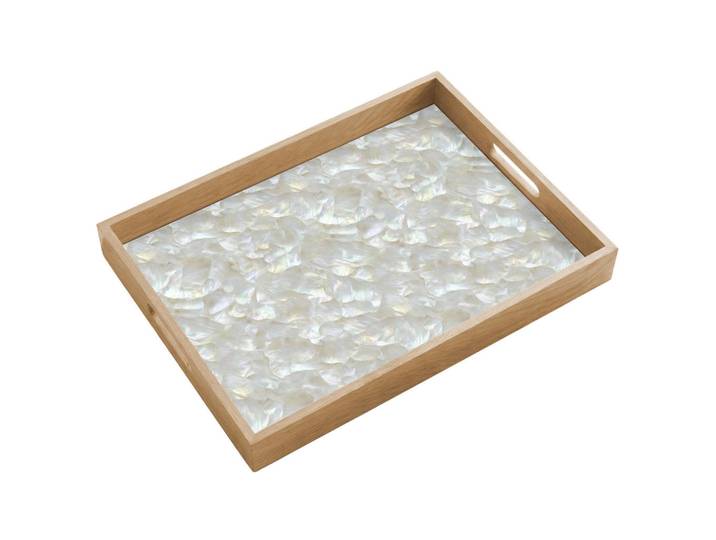 OnlyWow Tablett - Perlglanz - Weiß - Muschel - 50x35 cm, Holz, Echtholz,Eiche, Rechteckig, 50x5x5 cm, Geschirr, Tischkultur & Serviergeschirr, Tabletts