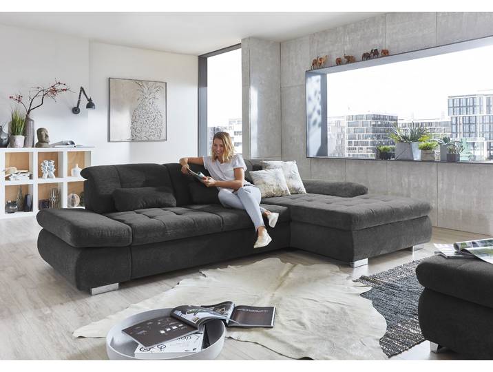 Ecksofa, Polyester, Schwarz 331×124 cm, Ottomane Rechts, Federkern, Modern, DIE PLANBAR