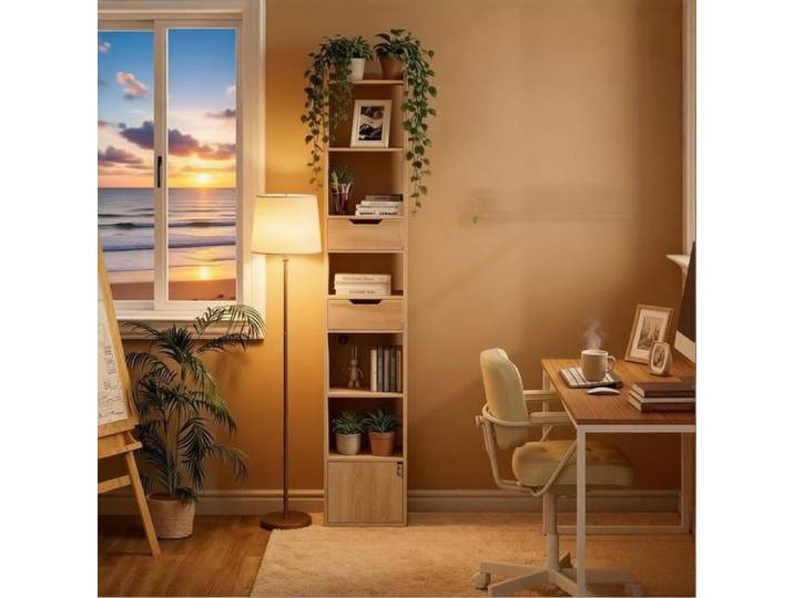 Norevia Étagère rangement chêne clair 33x24x181cm étagère haute avec porte et tiroir meuble gain de place