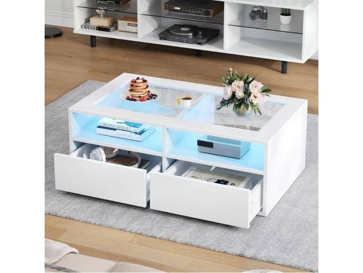 Table basse - SENVIRO - et 2 tiroirs lumineuse éclairage LED intégré en verre blanc 100x50x35cm