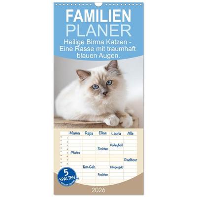 Familienplaner 2026 - Heilige Birma Katzen - Eine Rasse mit traumhaft blauen Augen. mit 5 Spalten (Wandkalender, 21 x 45 cm) CALVENDO