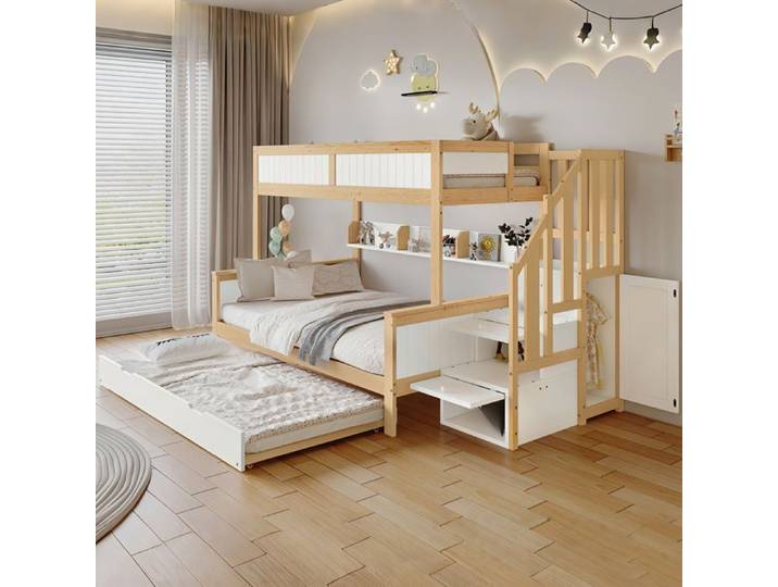 Lit superposé enfant 3 couchages EVRYAE 252 x 128 5 x 148 cm avec lit gigogne escalier d'angle rangements blanc et naturel