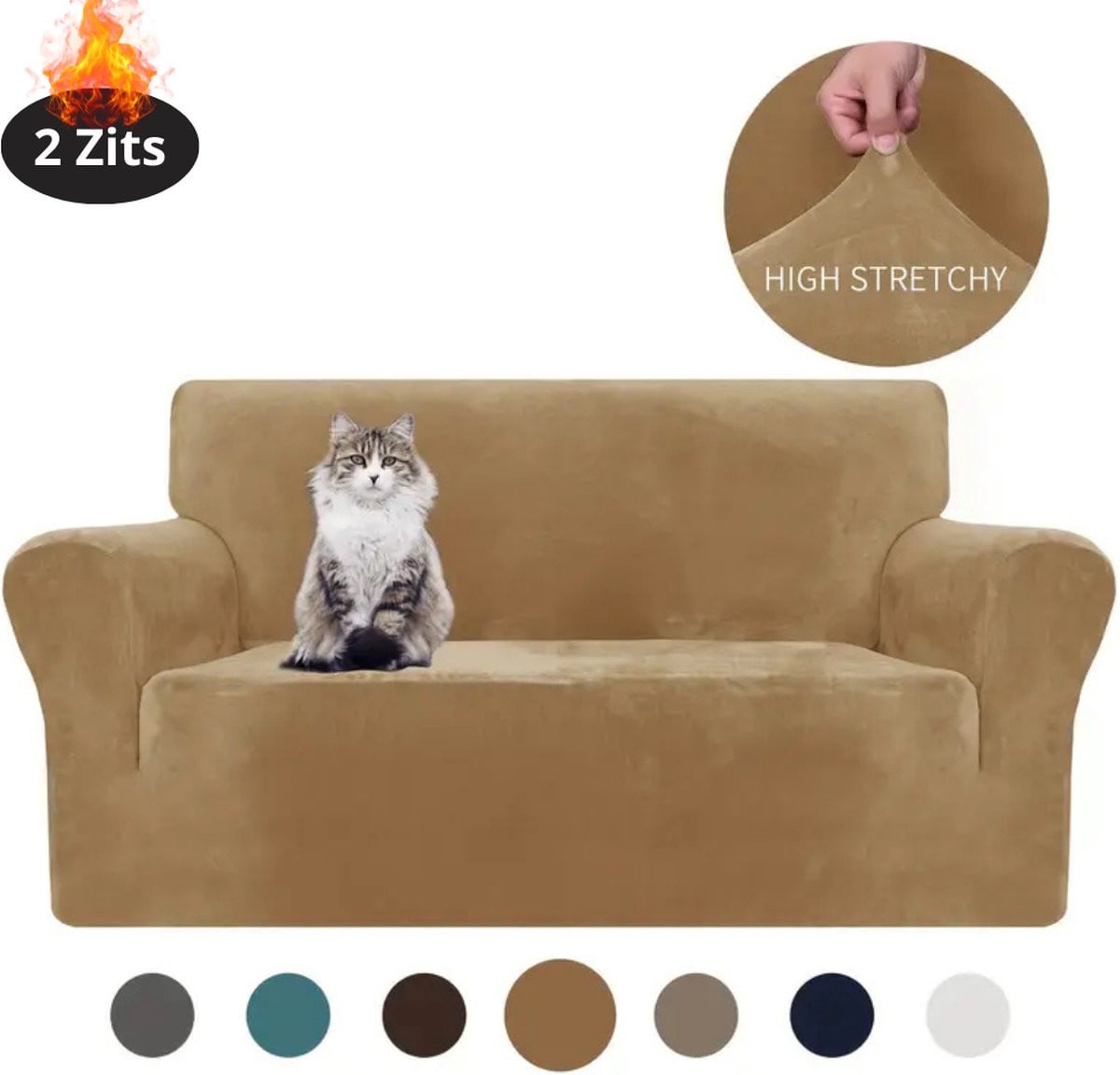 Nivard Bankhoes Stretch Sofa Cover Fluweel Kameel 2 Zits